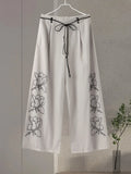 Znbbw Print Cotton Linen Women Pants Set Oversize Lantern Sleeve Lapel Top Lace Up Wide-leg Trousers 2024 Spring Lady Suits