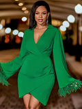 Znbbw Long Sleeve Feather Tassels Dress Women V-neck Irregular Slim Mini Dresses 2023 Fashion Elegant Office Lady Clothes