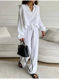 Znbbw Women's Pants Suit 2024 Spring Summer Solid Loose Long Sleeve Top Elastic Drawstring Wide Leg Trousers Chic Lady Home Pant Sets