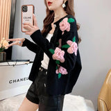 Znbbw Female 2024 Spring and Autumn Knitwear Women Heavy Industry Rose Blossom Embroidery Contrast Sweater Coat Cardigan