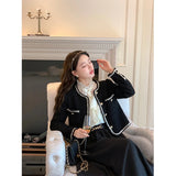 Znbbw Tweed Cropped Jackets Women Elegant Black Coat Korean Thicken Warm Single Breasted Blazer Casual Short Outerwear Tops