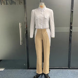 Znbbw Women Two Piece Set Summer Fashion Office Solid Lapel Patchwork Long Sleeve Top Casual With Pockets Pants Sets Streetwear