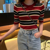Znbbw Women's Striped Printed Sweater T-shirt Slim Fitting Short Sleeved Round Neck Knitted Sweater