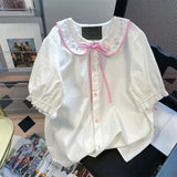 Znbbw Sweet Blouses Peter Pan Collar Puff Sleeve Tops Lace Up Embroidery Shirts Summer Preppy Style JK Women's Clothing 2024