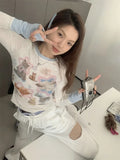 Znbbw Y2k T Shirts Long Sleeve Contrast Color Cartoon Print Aesthetics Crop Tops Spring Female Slim Gyaru 2000s Girl Clothing