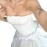 Znbbw Women Summer Off Shoulder Ruched Bust Ruffle Trim Tube Top Dress  Ruched Frills Strapless Sleeveless Party Long Dress