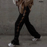 znbbw Sexy Streetwear Summer New Ladies Sport Clothes Casuals Hollow Out Wide Leg Pants Fashion Bandage Split Drawstring