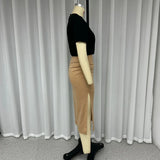 Znbbw Women Two Piece Set Summer Fashion O Neck Short Sleeve Solid Short Top Slim Folds Slit Skirt Set Elegant Streetwear