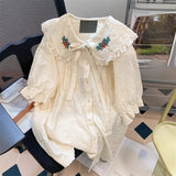 Znbbw Vintage Shirts Small Fragrance Peter Pan Collar Puff Sleeve Blouses Ruffles Lace Up Flower Embroidery Sweet Women Tops
