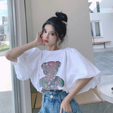 Znbbw Funny Cartoon Bear Print Tops O Neck Puff Short Sleeve T Shirt Women Sweet Fashion T Shirts Summer 2024 New Ropa Mujer