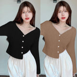 Znbbw Women's Sweater V-neck Temperament Short Style Solid Color Knitted Pearl Buckle Women's Top Sweater