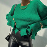 Znbbw Ripped Sweater Women Fashion Streetwear Autumn Winter Solid Round Neck Long Sleeve Loose Style Knitted Tops Pullovers