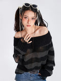 Znbbw Y2k Punk Rock Zipper Sexy Off Shoulder Sweaters Women Gothic Black Grey Stripes Broken Hole Loose Knitted Jumpers