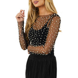 Znbbw Women Sexy See-through Pearls Mesh T-shirt Long Sleeve Crew Neck Slim Fit Tops Club Party 2023 Spring Summer Ladies clothes