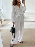 Znbbw Women's Pants Suit 2024 Spring Summer Solid Loose Long Sleeve Top Elastic Drawstring Wide Leg Trousers Chic Lady Home Pant Sets