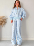 Znbbw Printed Y2k Pants Sets Women Shiny O-neck Zipper Long Sleeve Coats High Waist Straight Pant 2024 Spring Female Tracksuit