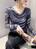Znbbw Spring Summer Double-Layer Mesh Top Long Sleeve Printing T-shirt Woman Slim Fitting Tee For Female