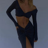 Znbbw Fashion Outfits Top and Skirt Set Women Drawstring Ruched Long Sleeve Two Piece Set Bodycon Skirts Split
