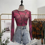 Znbbw Spring Slim Women See-through Irregular Patchwork Mesh T-shirts Girls O-neck Full Sleeve Sheath Thin Crop Tops