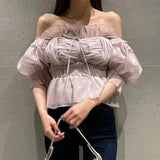 Znbbw Mesh Bubble Sleeve Blusas Mujer Off-shoulder Shirts Blouses Lace Up Bow Camisas Spring Summer 2024 Tops Tunic Ropa