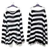 Znbbw Gothic Long Unisex Sweater Summer Women Striped Cool Hollow Out Hole Broken Jumper Loose Rock Thin Dark Streetwear Top