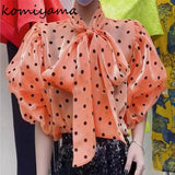 Znbbw Bow Shirts & Blouses Contrast Dot Print Blusas 2024 New Puff Sleeve Camisas Korean Ropa Mujer Spring Summer Tops