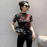 Znbbw Autumn Mesh Tshirts Women Short Sleeve Half Turtleneck Printed Floral Tees Girls Slim Elastic T Shirts Tops BH3878