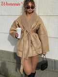 Znbbw Winter Leather Jacket Women 2024 New Female Vintage Lapel Faux Wool Belt Coat Thicken Warm Oversize Highstreet Outwear Top