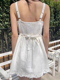 Znbbw White Ruffles Button Dress Women Sweet Lace Trim Cotton Summer Lace-up Dresses Femme Y2k Streetwear Harajuku Vestidos