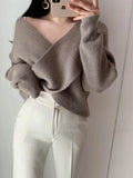 Znbbw Women Autumn Winter Sweater Korean New Design Elegant Cross V-neck Off Shoulder Knit Thickened Sexy Pullover Sweater D4335