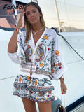 Znbbw Sleeve Women Autumn Embriodery Paisley Print Skirt Set Outfits V Neck Button Tiered Mini Skirt Dress Suit Vintage Set