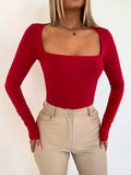 Znbbw Pad Shoulder Long Sleeve Crop Tops Women Autumn Casual Slim Fit T-shirt Party Office Street Square Neck Pullover Tops