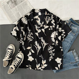 Znbbw Women Turn Down Collar Short Sleeve Blouse College wind Leaf Print Shirts Summer Casual Office Button Vintage Shirt Tops