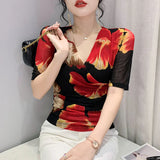 Znbbw Women Half Sleeve Print Mesh T Shirts Lady Elegant Elastic Crossed V Neck Floral Tops Tees Female Fashion T-Shirt