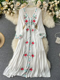 Znbbw Women's Dress Travel Photography Holiday Long Dress New Retro Ethnic Style Embroidered V-neck Lantern Sleeve Dress ML1034