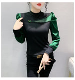 Znbbw Women Full Puff Sleeve Beading Cotton T-shirts Girl Patchwork Contrast Color T Shirt Female Autumn Top