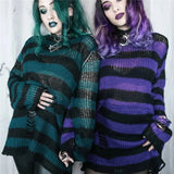 Znbbw Gothic Long Unisex Sweater Summer Women Striped Cool Hollow Out Hole Broken Jumper Loose Rock Thin Dark Streetwear Top