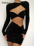 znbbw Sexy Hollow Out Dress Set Women Outfit Full Sleeve Crop Top And Ruched Mini Skirt Matching Sets Ladies Two Piece Suit