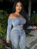 znbbw Spring Y2k Print 2Two Pieces Sets For Women Blue Long Sleeve Strapless Bodycon Crop Top And High Waist Slim Pants Female