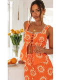 Znbbw Printed Bandage Women Dress Sets Retro Sleeveless Square Collar Strap Top Lady High Waist Slit Skirt 2024 Spring Summer