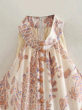 Znbbw TRAF Women Printed Dress 2023 Summer Resort Style Belted Bow Decoration Halter Sleeveless Dress