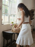 Znbbw Lace Up White 2 Pcs Outfit Women Summer Dress Set 2024 New Beach Cotton Skirt Matching Set Midi Vestido Chic Sundress
