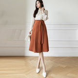 Znbbw Women A-Line Skirts Elegant Ruffles Waist Bow Sashes Casual Pleated Skirt Office Lady Vintage Midi Skirts Jupe Faldas Mujer 2023