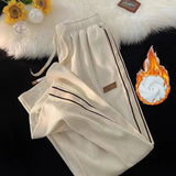 Znbbw Striped Corduroy Sweatpants Women Winter Thick High Waist Drawstring Wide Leg Trousers Y2K Korean All-Match Straight Pants
