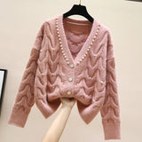 Znbbw new fashion all-match knitted outer wear sweater Sweet beaded V-neck knitted cardigan women's spring