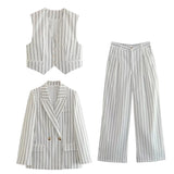 Znbbw Stripes Vest Pants Set Fashion 2 Pcs Outfits Summer Autumn Women Blazer Pants Set Loose Casual Wide Leg Pants Suit New
