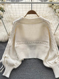Znbbw Women Autumn Winter Cardigan Design Sense Lantern Sleeve Knitted Versatile Knitting Bow Tie Short Long Sleeve Shawl Top D2156