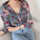 Znbbw Women's Chiffon Shirt Floral Print V-Neck Long Sleeve Fashion Cozy Loose Blouse