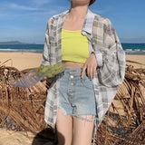 Znbbw Plaid Blouse Women Summer Thin Loose All-Match Sun Protection Tops Female Korean See Through Vintage Buttons Shirts