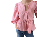 Znbbw Women y2k Puff Short Sleeve Shirts Tie Front Ruffle Hem Loose Office Blouse Tops Teen Girls Lace up Cute Summer Kawaii Tops